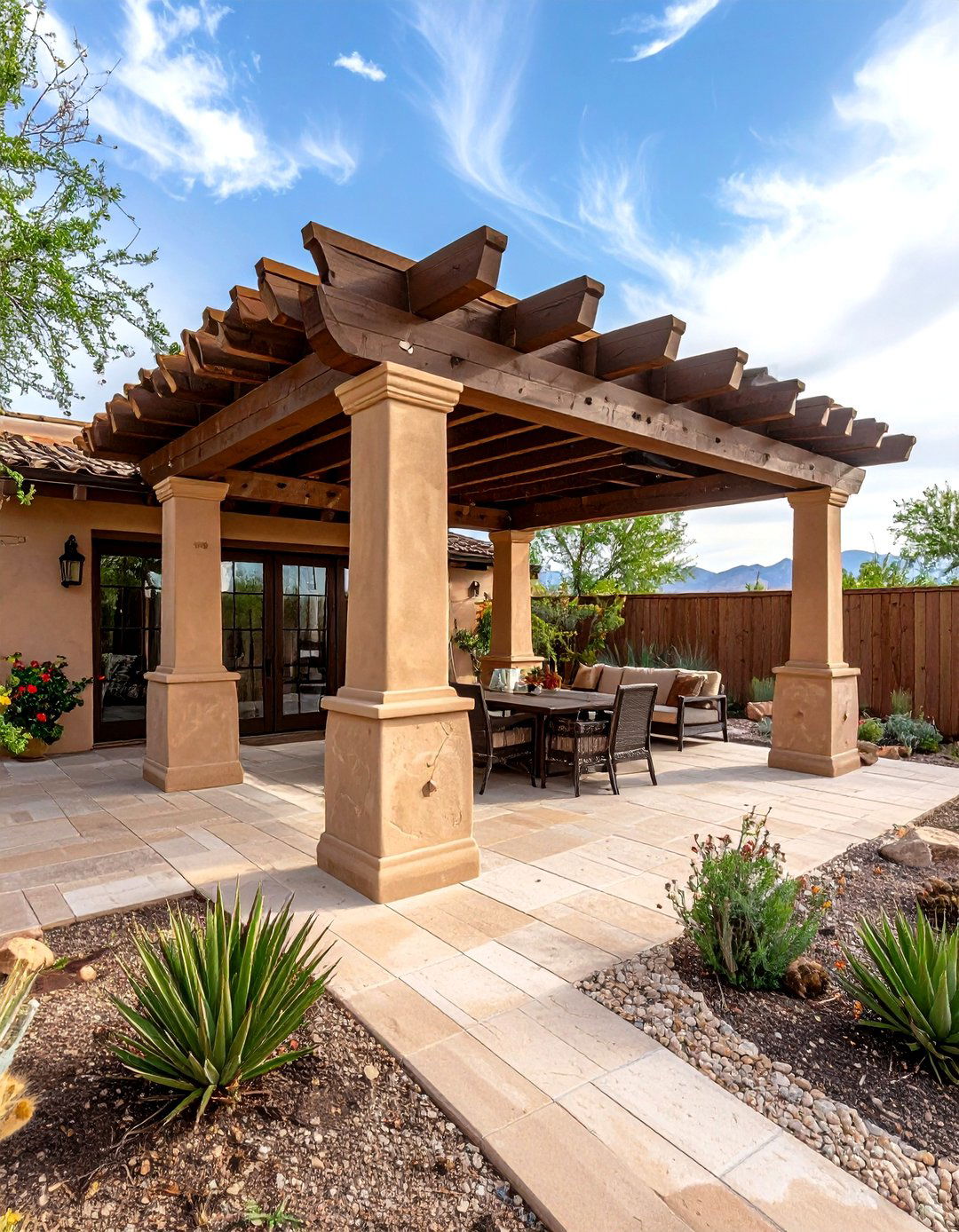 Southwestern Patio Pergola with Adobe and Timber Elements - 20 Patio Pergola Ideas