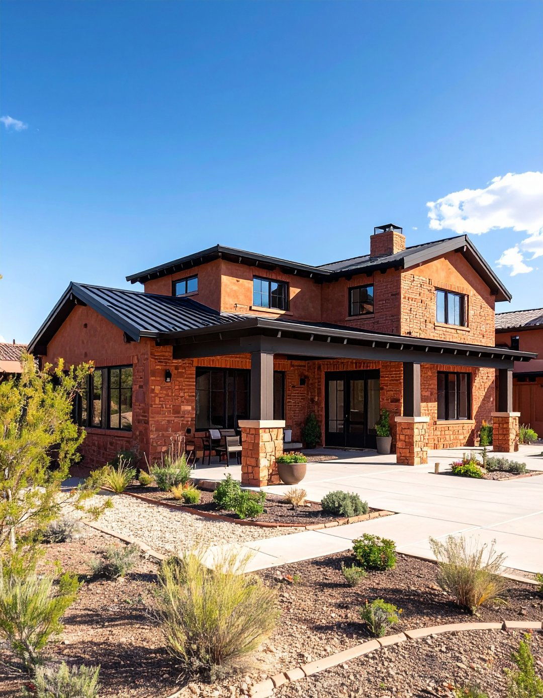 Southwestern Red Brick House with Black Metal Trim - 20 Red Brick House with Black Trim Design Ideas