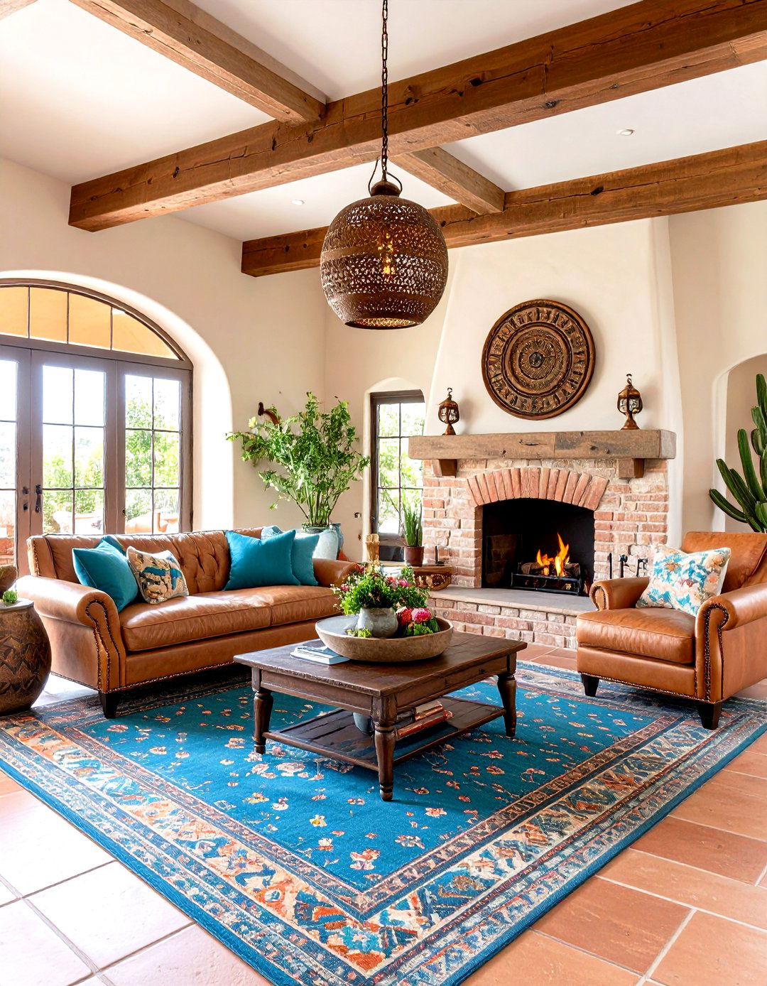 Southwestern Rustic Living Room With a Brick Fireplace - 20 Rustic Living Room With a Brick Fireplace Ideas