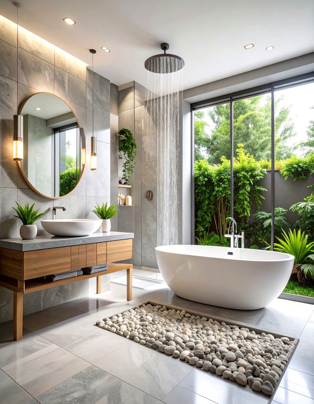 Spa Like Retreat Grey and White Bathroom with Natural Stone - 20 Grey and White Bathroom Ideas