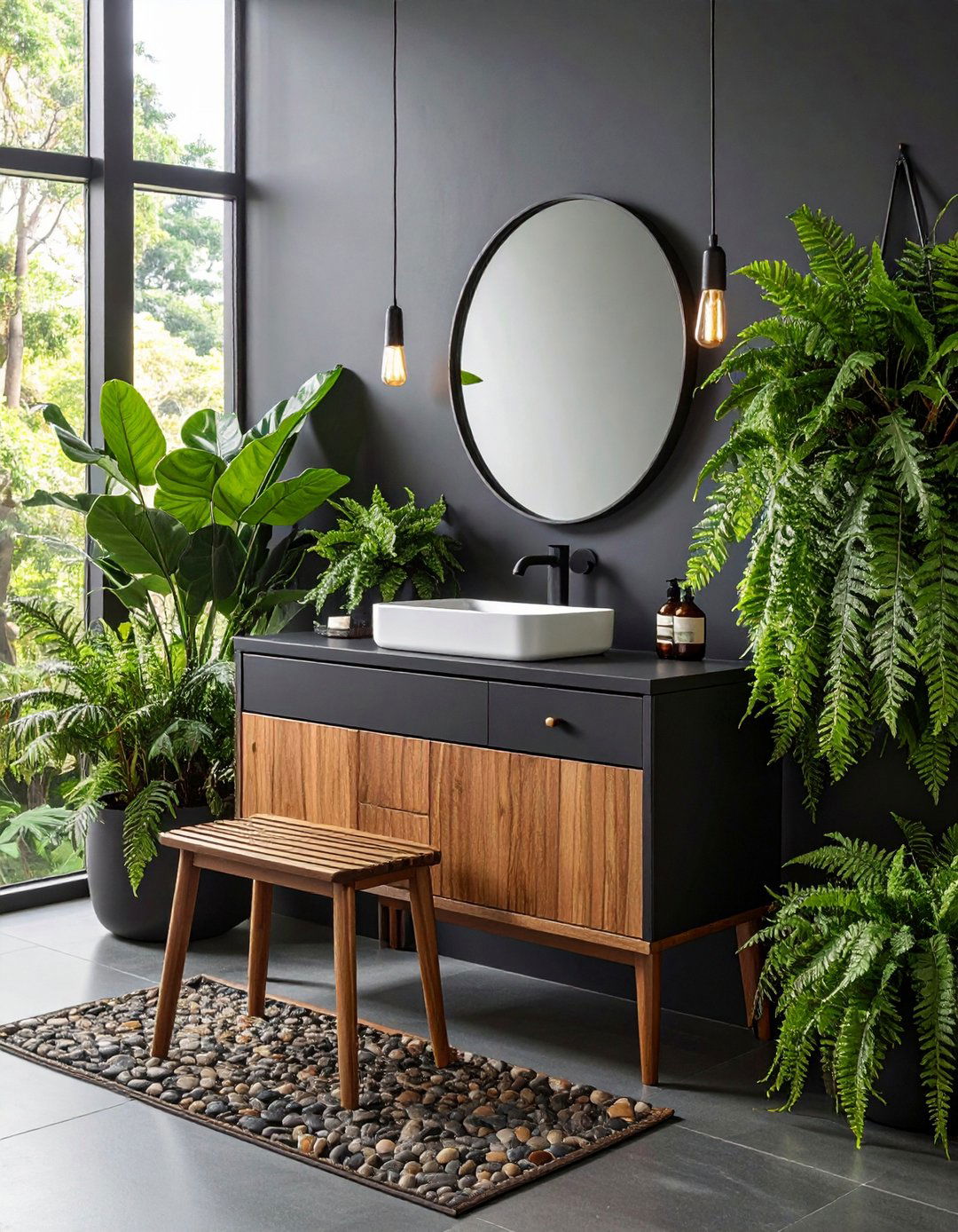 Spa Style Black Vanity Paired With Lush Greenery - 20 Black Vanity Bathroom Ideas