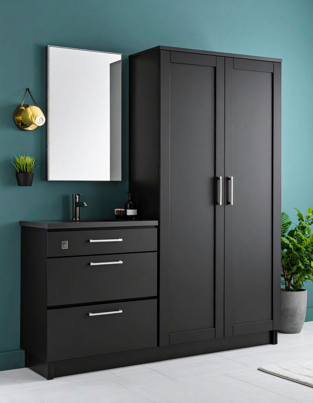 Space Saving Black Wall Cabinet for Petite Baths - 20 Black Vanity Bathroom Ideas