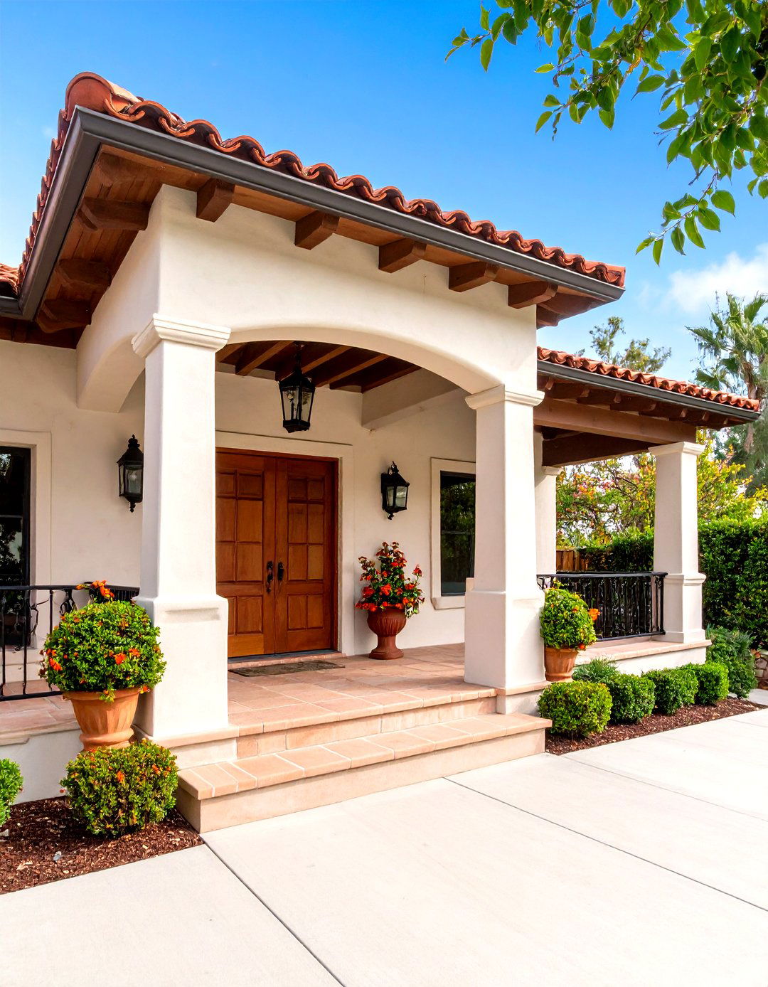 Spanish Colonial Open Gable Porch with Adobe Style Elements - 20 Open Gable Porch Ideas