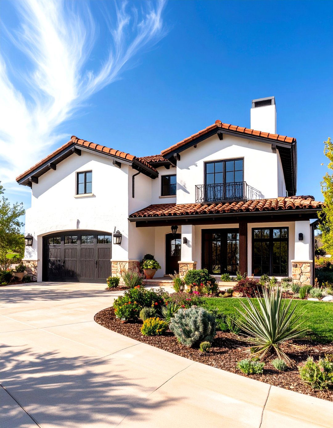 Spanish Colonial White Brick House With Black Trim and Tile Roofs - 20 White Brick House With Black Trim