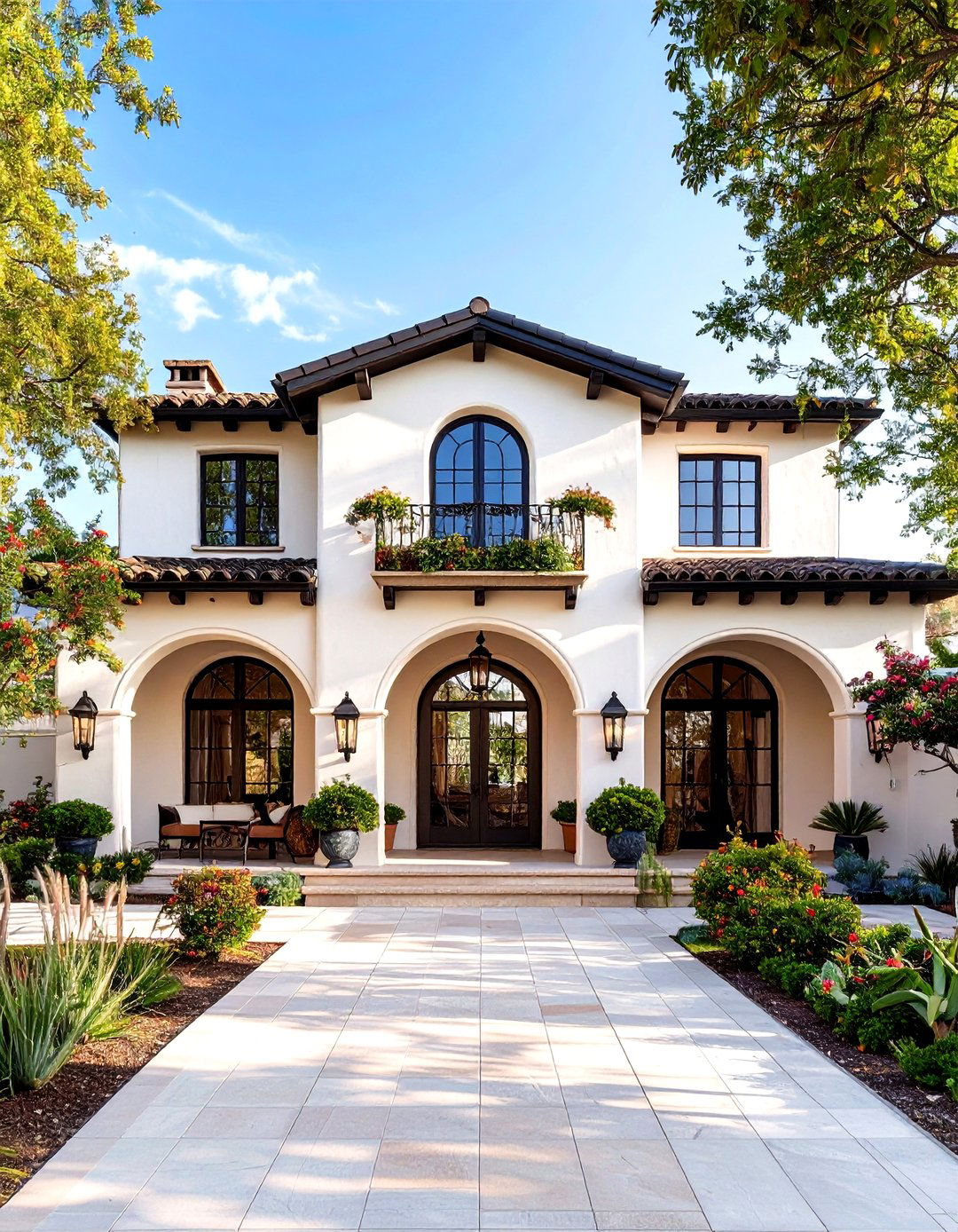 Spanish Colonial White Exterior Home with a Black Roof and Stucco Finish - 20 White Exterior Home with a Black Roof Ideas