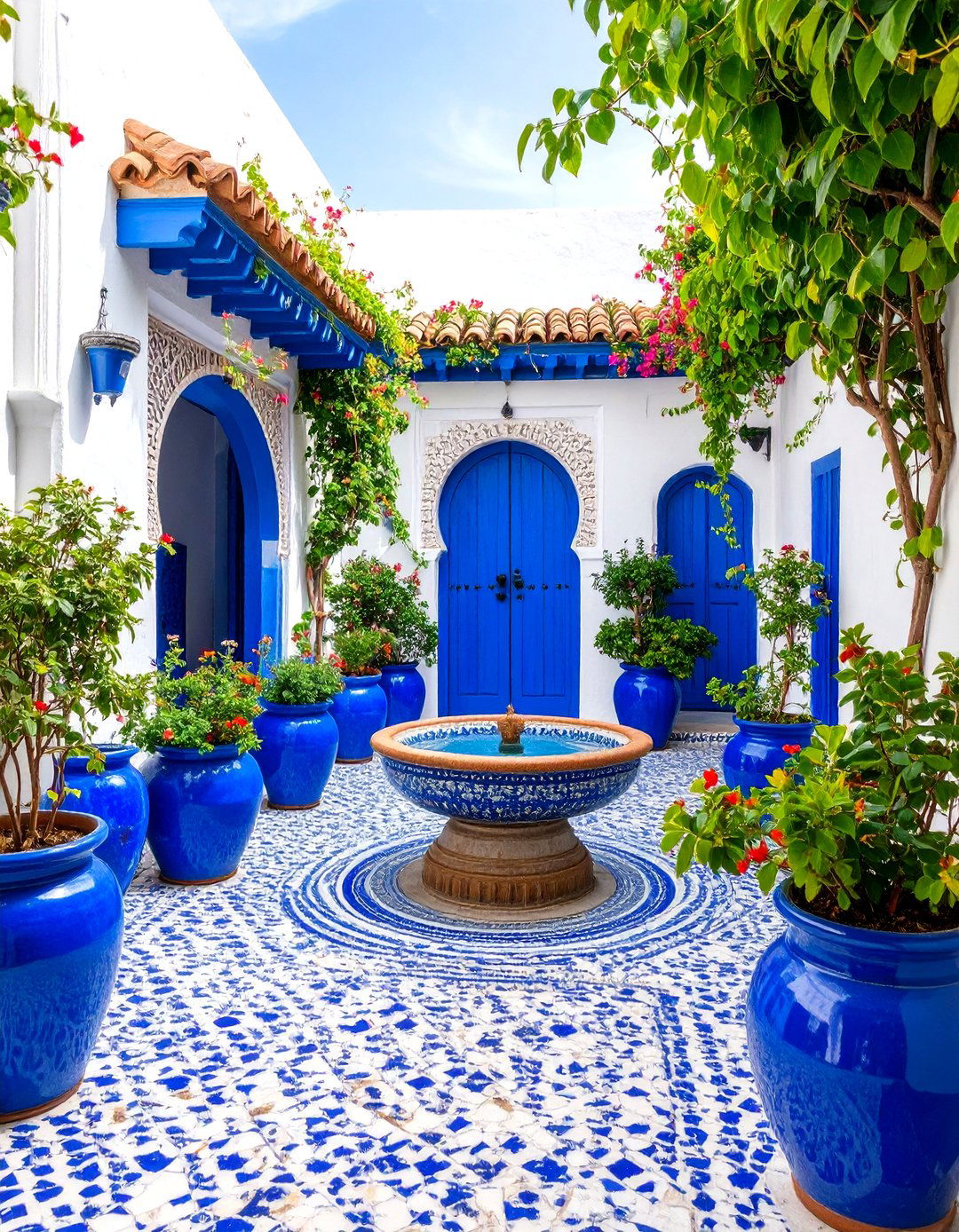 Spanish Courtyard with Moroccan Blue and White Theme - 20 Spanish Courtyard Ideas