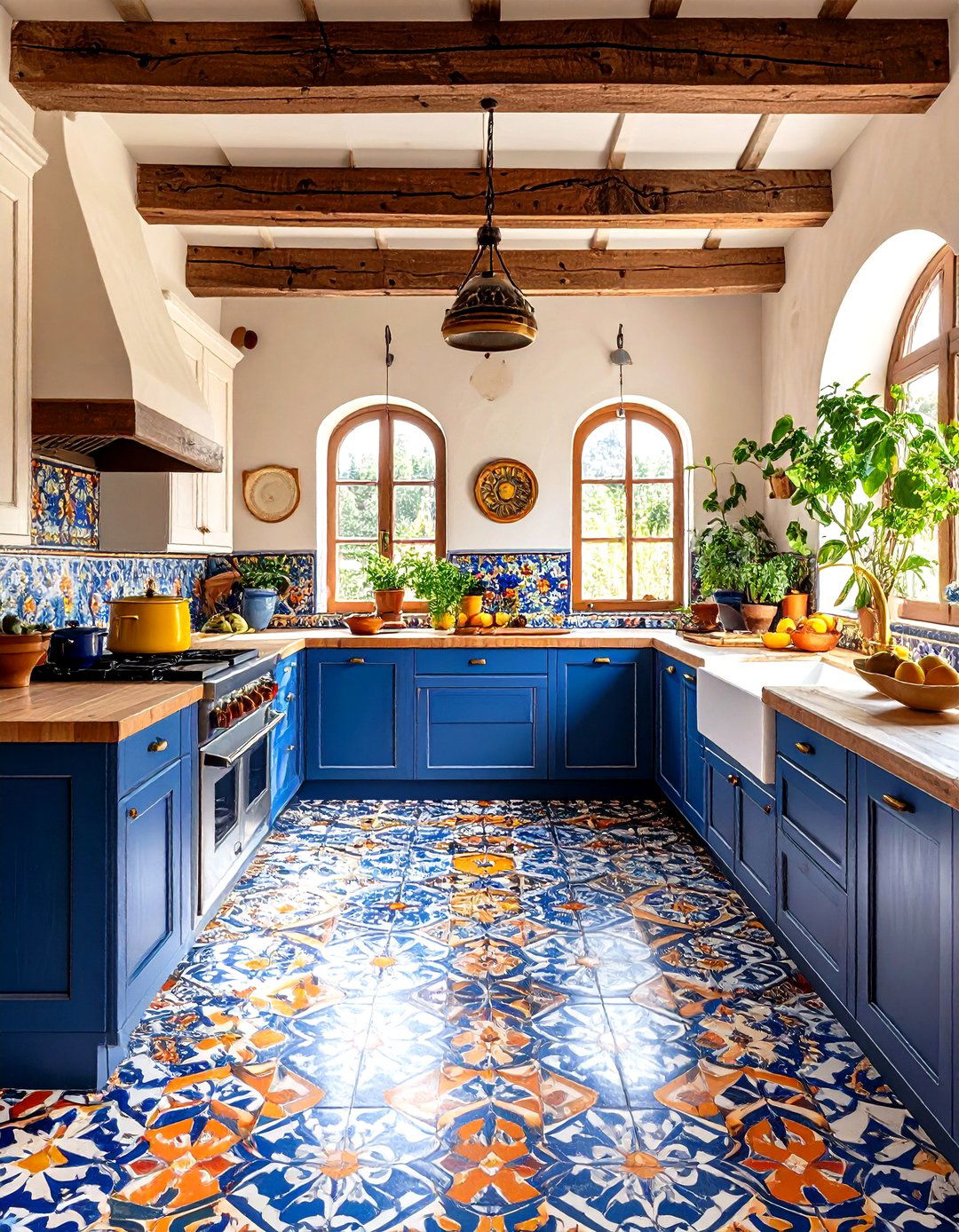 Spanish Style Kitchen with Colorful Encaustic Tile Flooring - 20 Spanish Style Kitchen Ideas