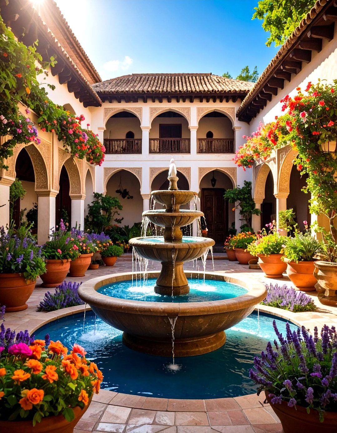Spanish Style Patio Centered on a Tranquil Water Fountain - 20 spanish style patio ideas