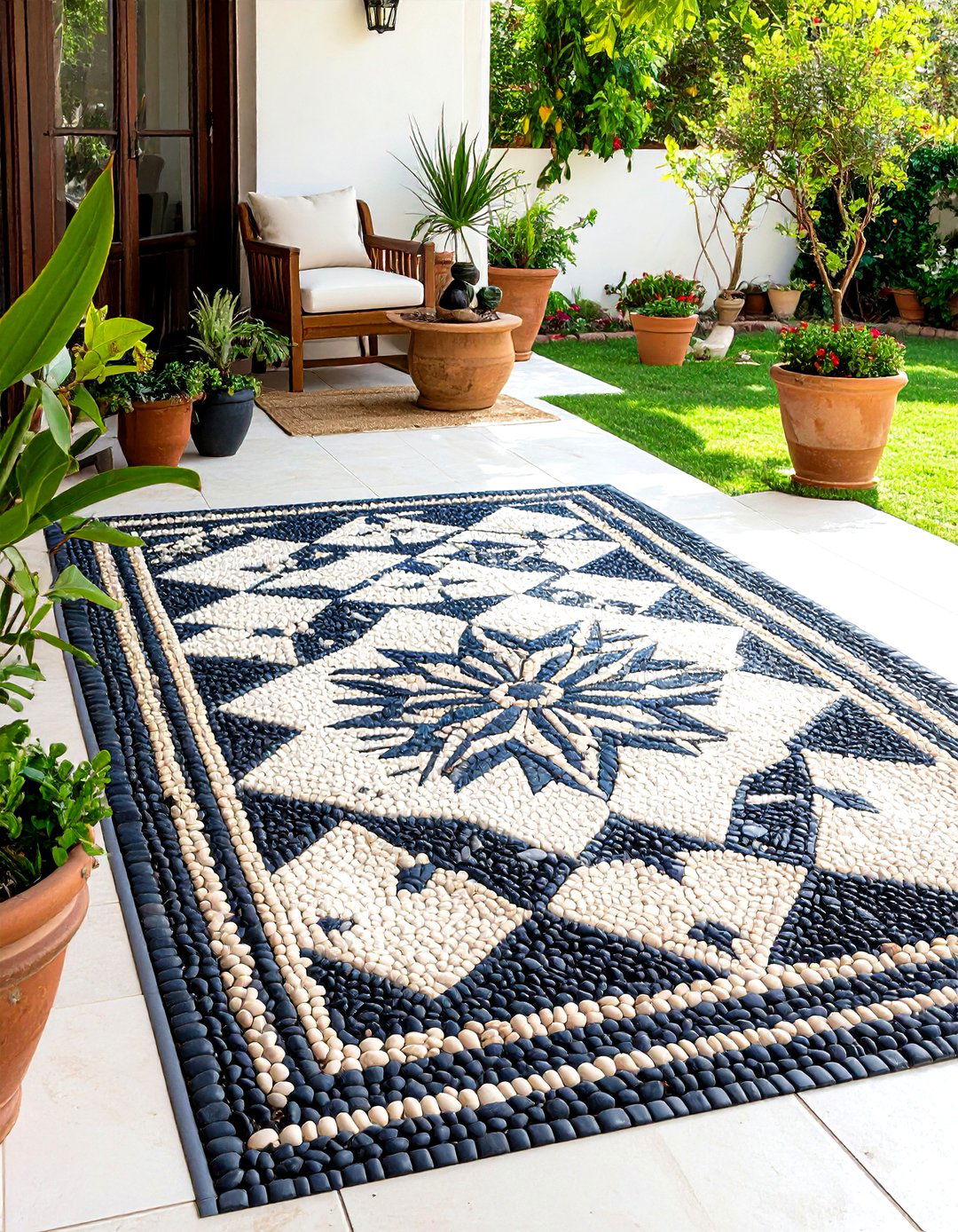 Spanish Style Patio Enhanced with Patterned Pebble Mosaic Rug - 20 spanish style patio ideas