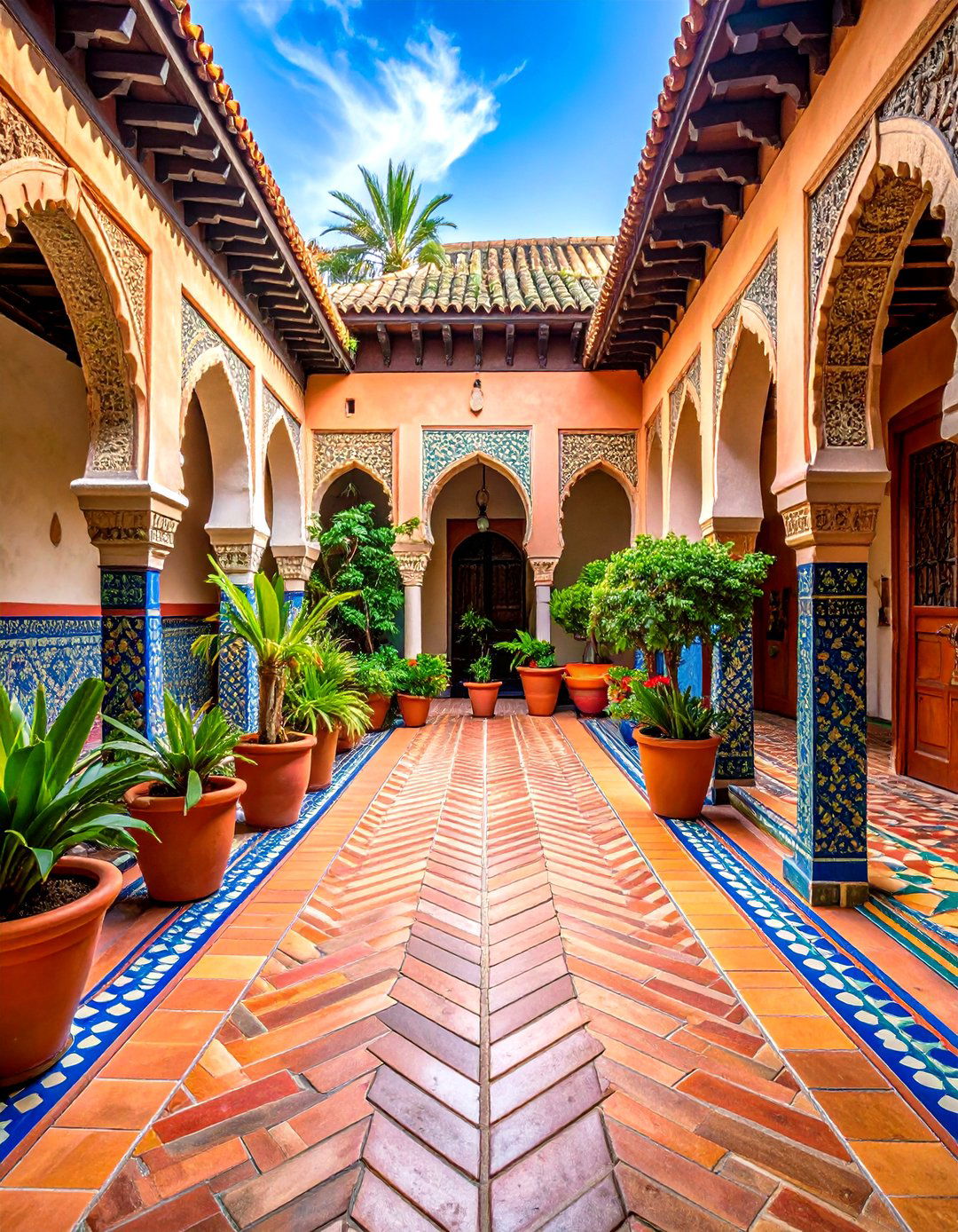 Spanish Style Patio Featuring Saltillo Tiles in Herringbone - 20 spanish style patio ideas