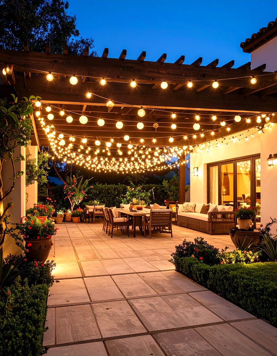 Spanish Style Patio Illuminated by Overhead String Lights - 20 spanish style patio ideas