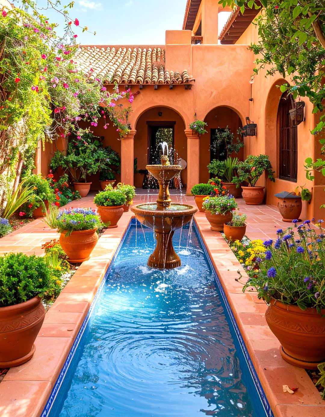 Spanish Style Patio Incorporating Adobe Style Water Rill Channel - 20 spanish style patio ideas