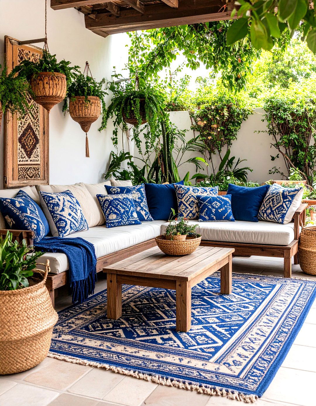 Spanish Style Patio Softened with Layered Textiles and Patterned Pillows - 20 spanish style patio ideas
