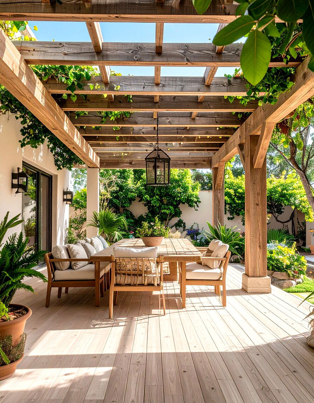Spanish Style Patio Under a Heavy Timber Beam Pergola - 20 spanish style patio ideas