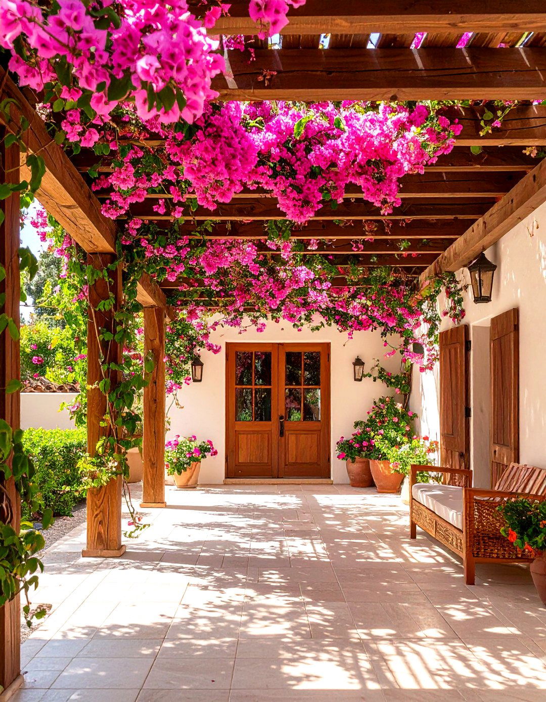 Spanish Style Patio Wrapped by Bougainvillea Pergola Canopy - 20 spanish style patio ideas