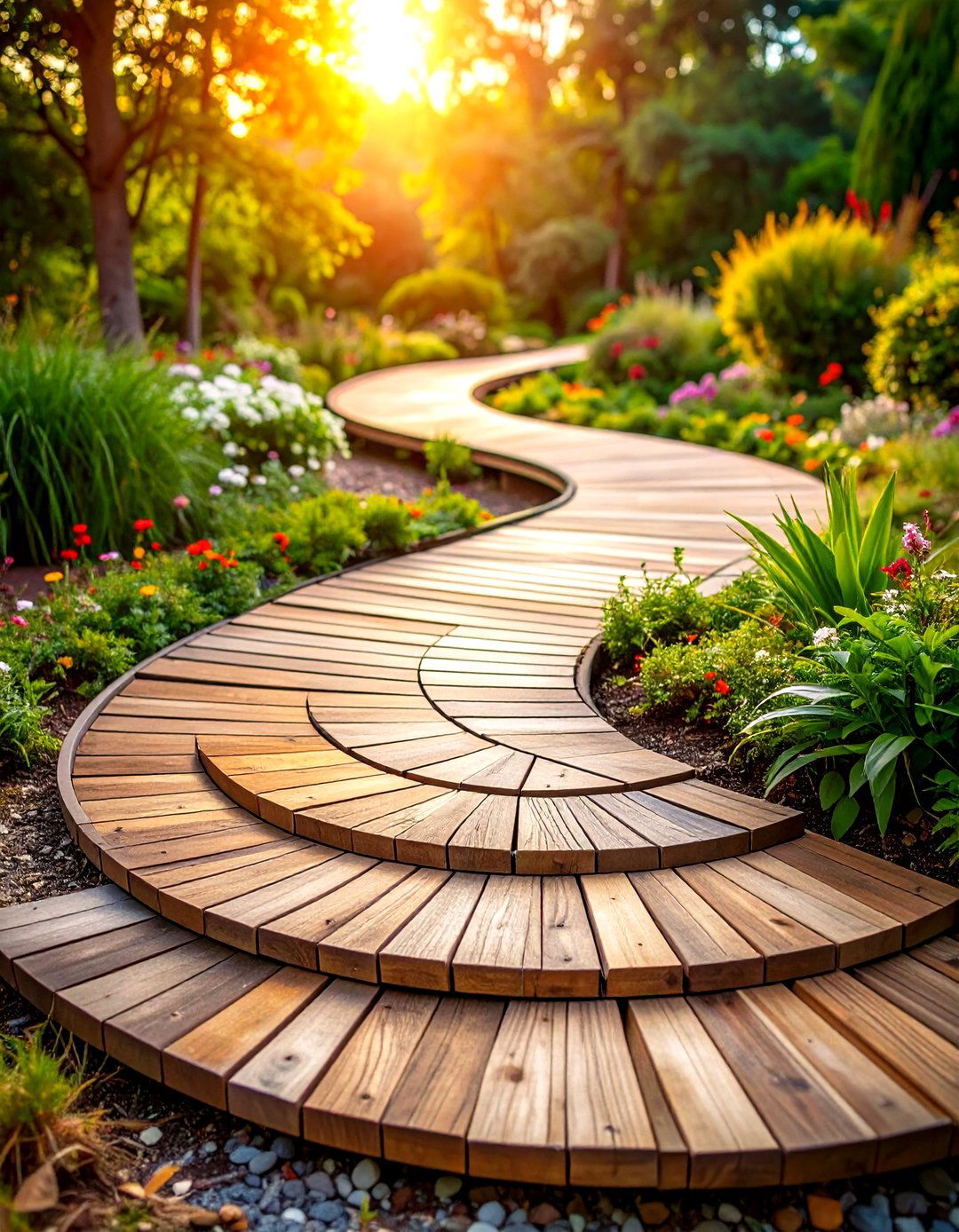Spiral Wooden Walkway for Dramatic Gardens - 20 Wooden Walkway Ideas