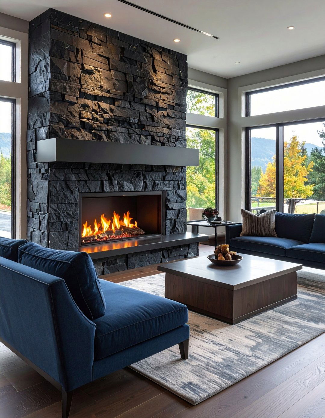Split Face Quartzite Adds High Contrast Texture - 20 Black Stone Fireplace Ideas
