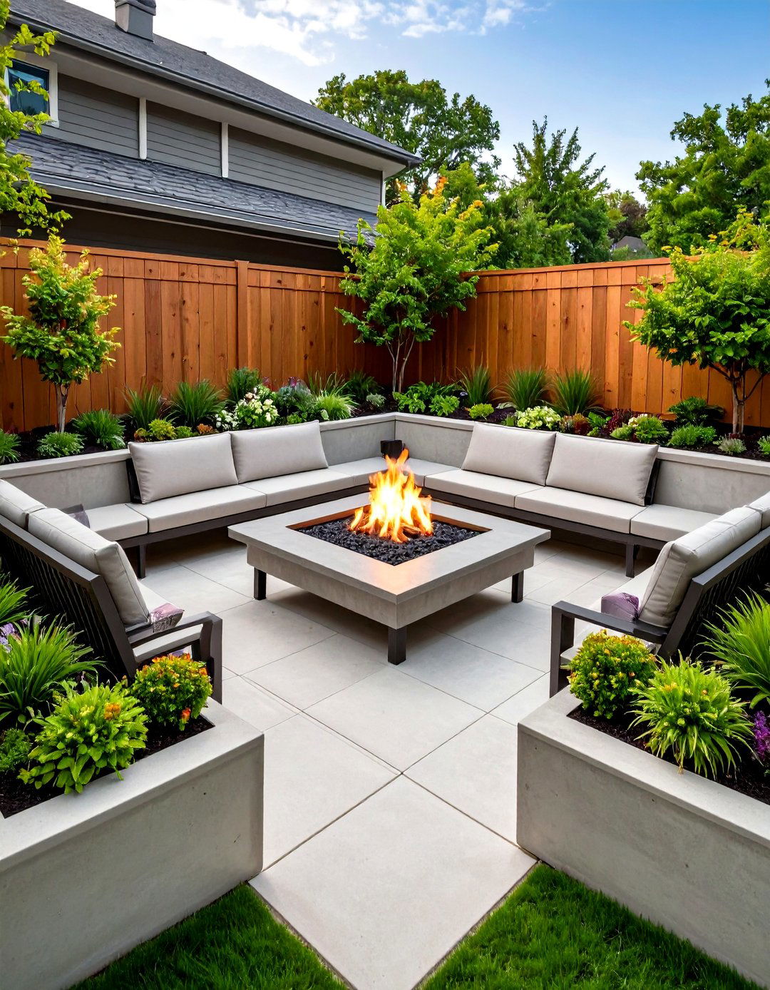 Square Fire Pit with Bench Planters - 20 Square Fire Pit Ideas