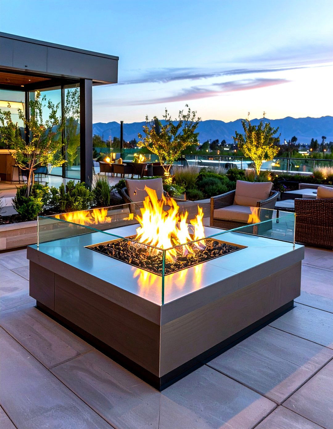 Square Fire Pit with Glass Wind Guard - 20 Square Fire Pit Ideas