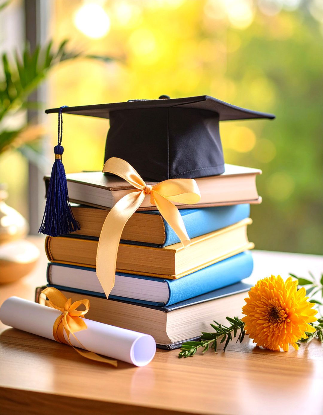 Stacked Books and Mini Diploma Scroll Graduation Centerpiece - 20 Graduation Centerpiece Ideas