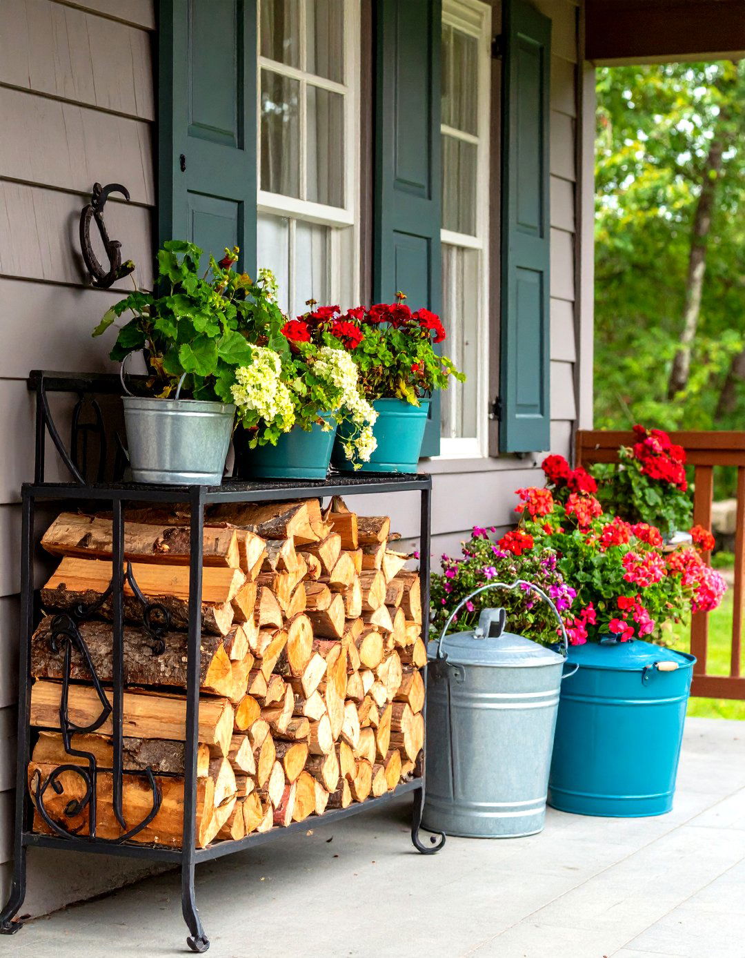 Stacked Firewood and Metal Bins Bring Rustic Texture to the Farmhouse Porch - 20 Farmhouse Porch Ideas