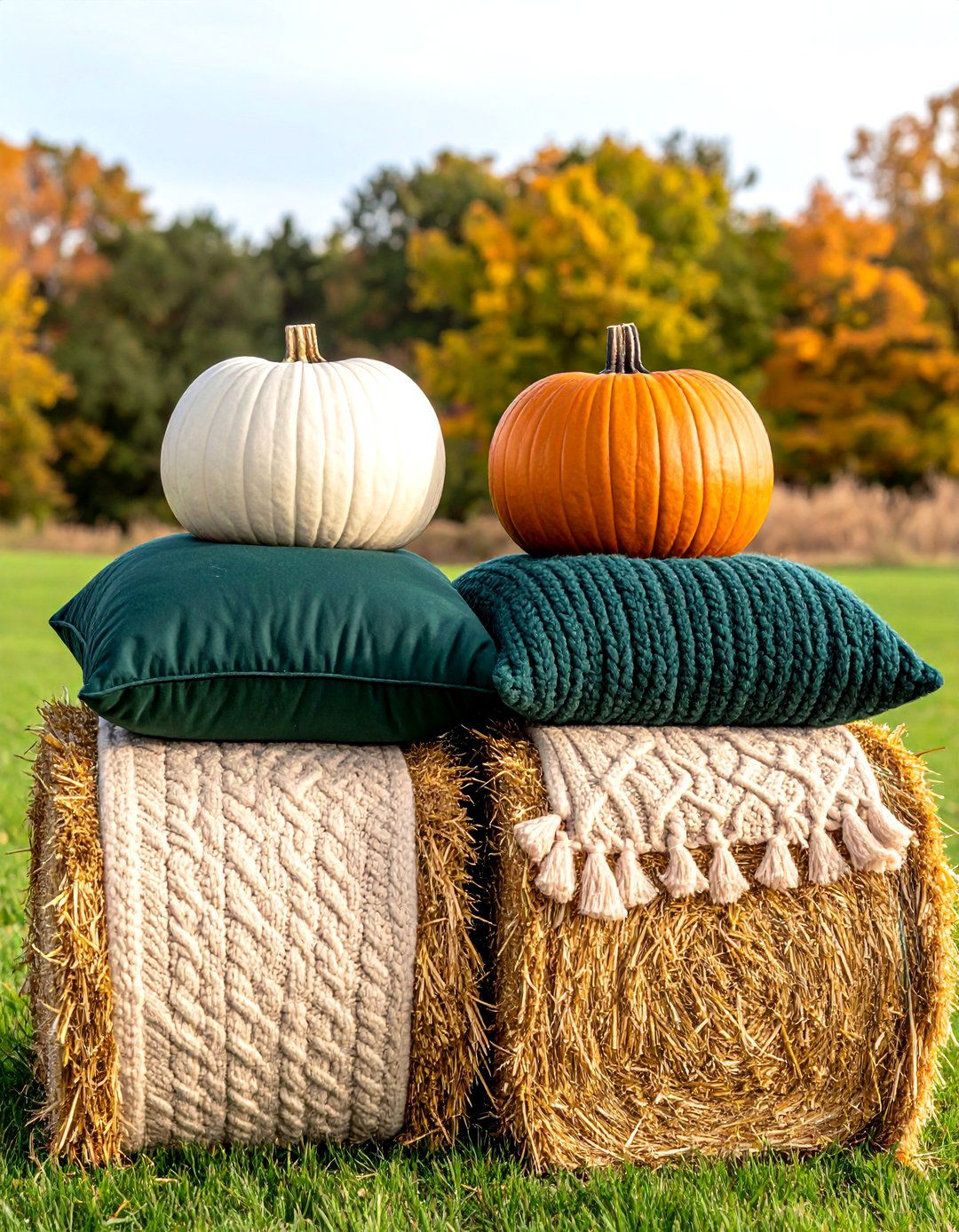 Stacked Hay Bale Display With Pumpkins - 20 Front Door Fall Decor Ideas