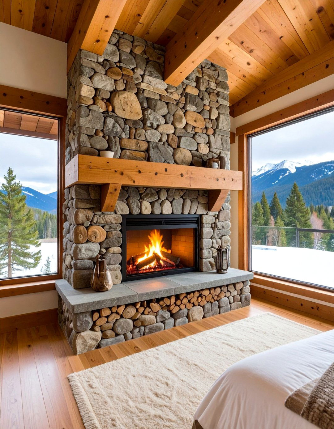 Stacked Stone Bedroom Fireplace with Timber Beam Mantel - 20 Bedroom Fireplace Ideas
