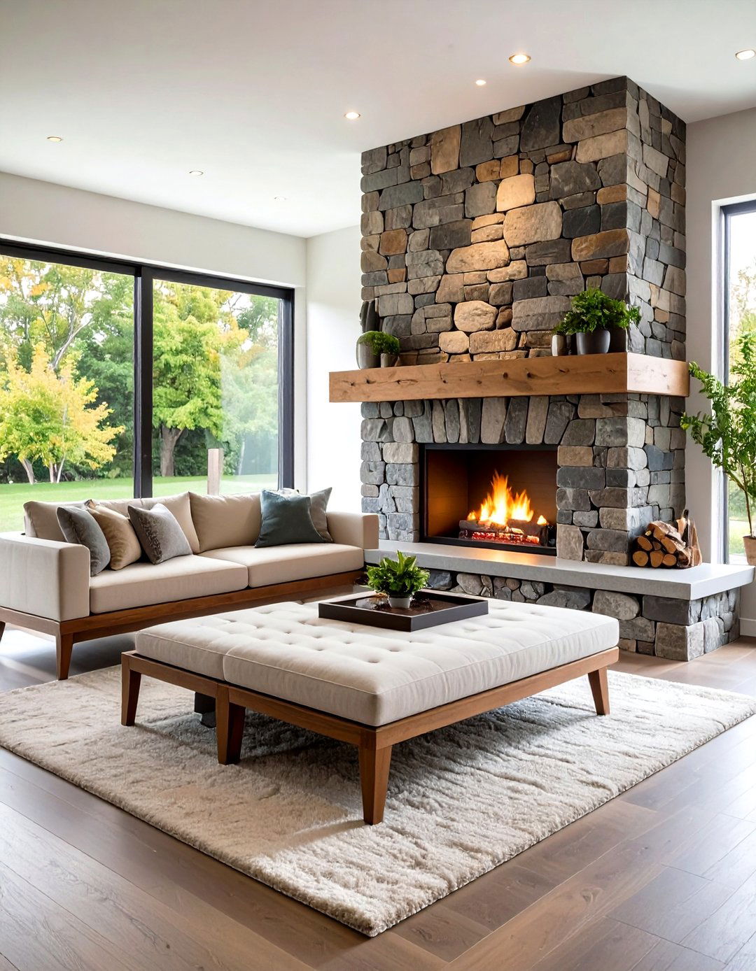 Stacked Stone Rustic Fireplace with Built in Seating - 20 Rustic Fireplaces