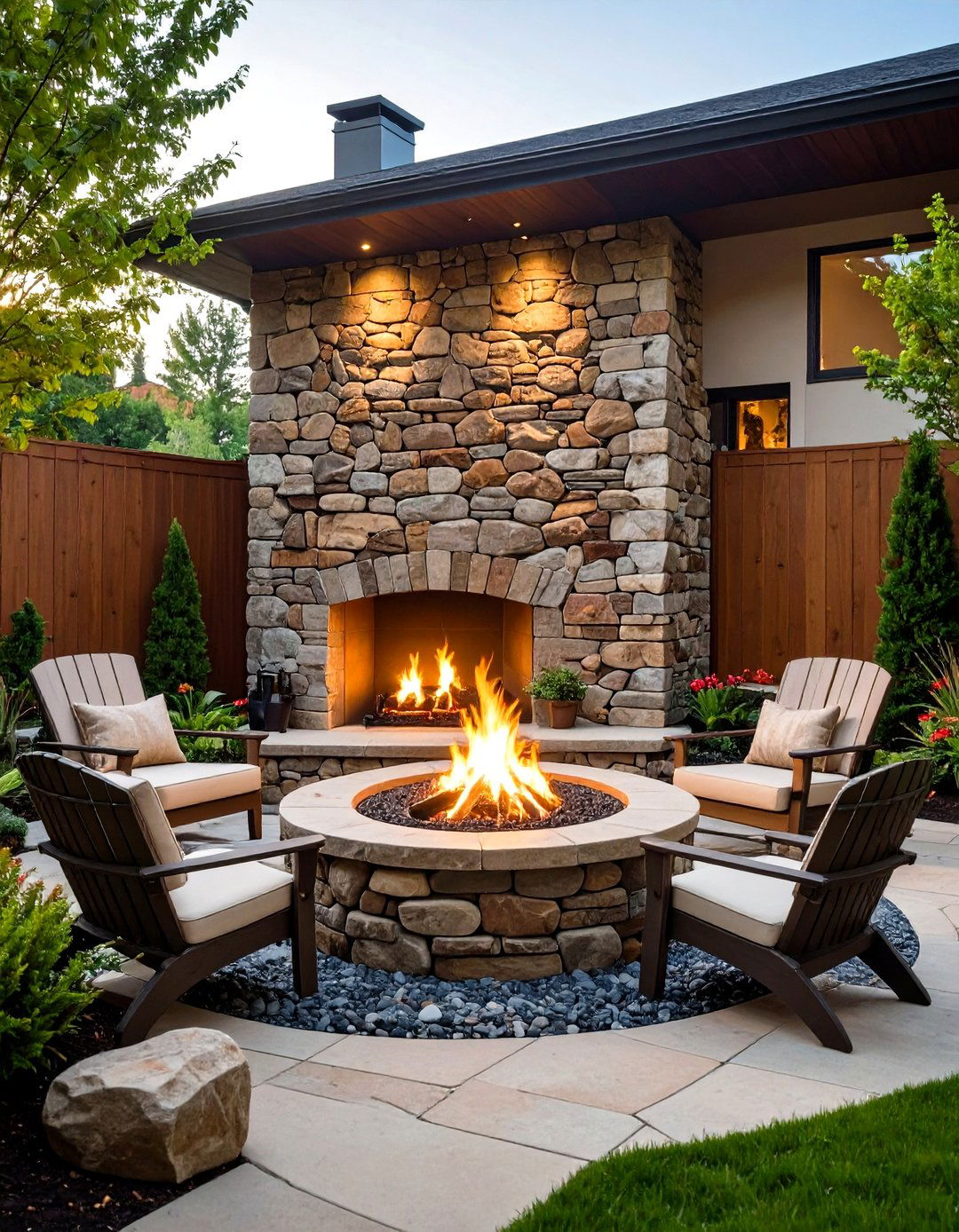 Stacked Stone Wall and Blaze - 20 Stone Patio With a Fire Pit Ideas