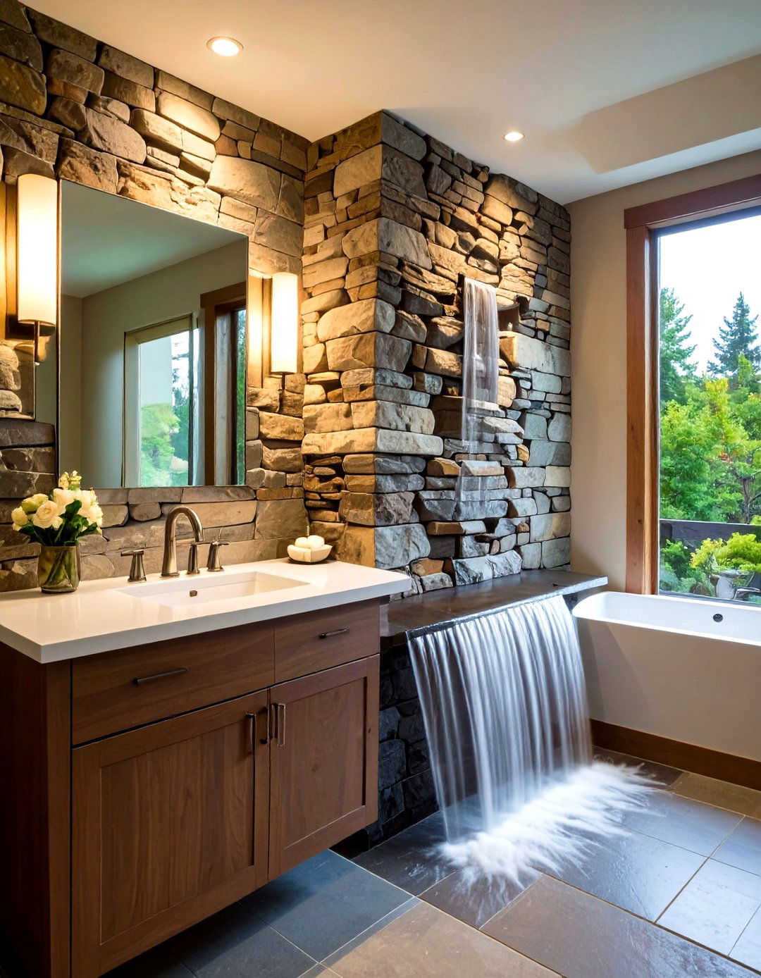 Stacked Stone Waterfall Wall - 20 Stone Shower Design Ideas