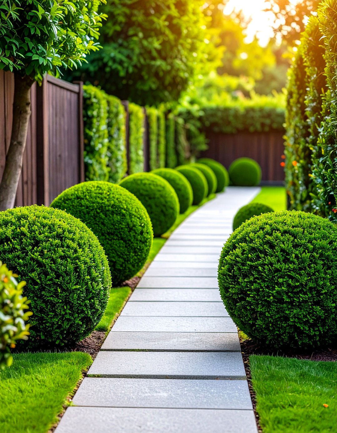 Staggered Boxwood Spheres Flanking the Path - 20 Front Yard Boxwood Designs