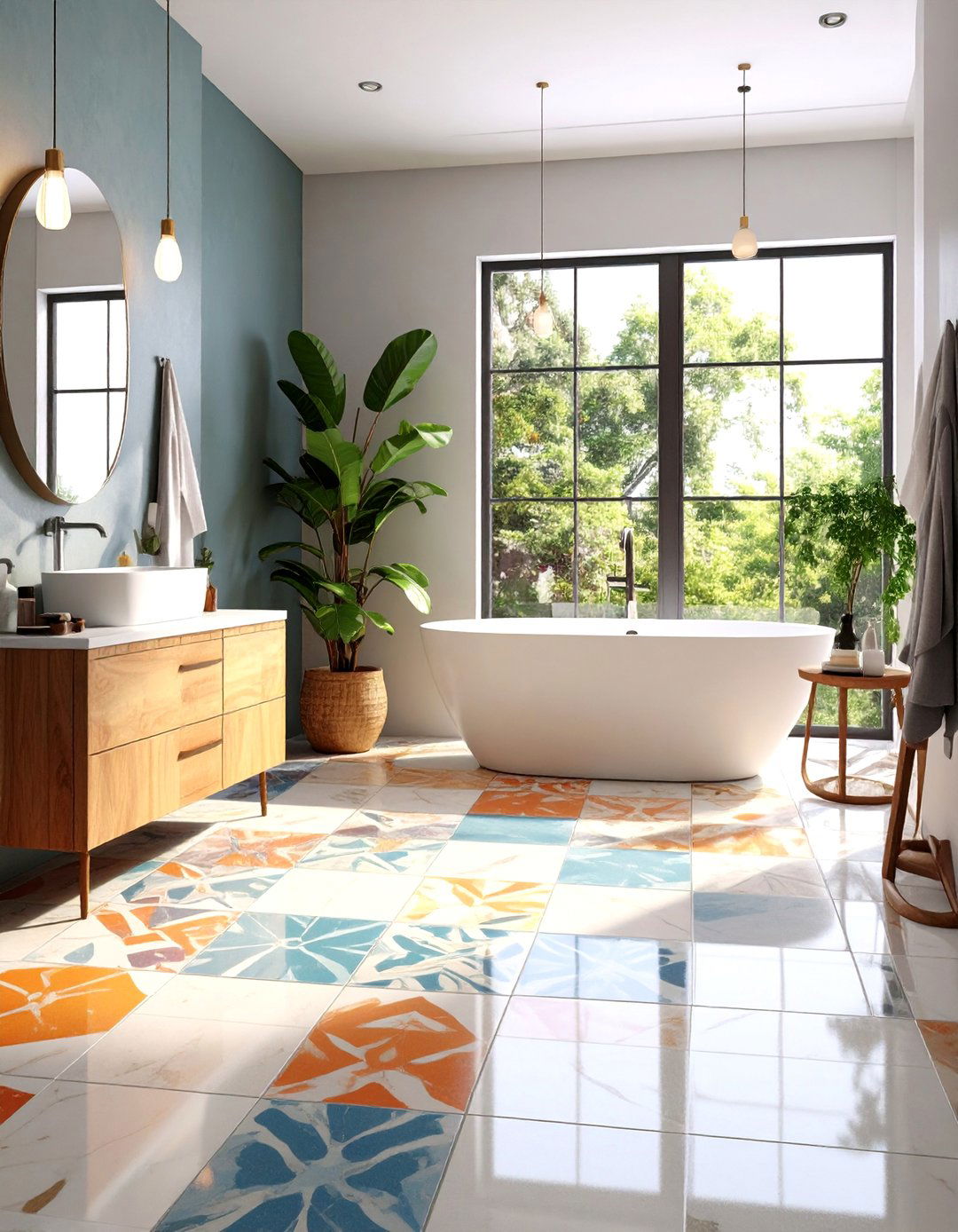 Stained Concrete Bathroom Floors with Artistic Patterns - 20 Concrete Bathroom Ideas