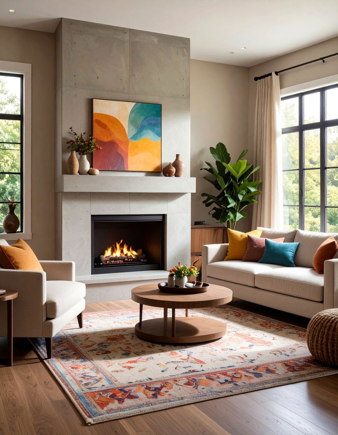 Stained Concrete Fireplace in Custom Colors - 20 Concrete Fireplace Ideas