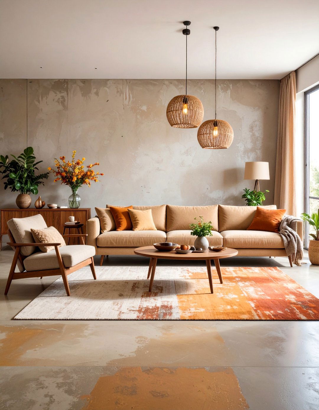 Stained Concrete Floor Living Room with Warm Earth Tones - 20 Concrete Floor Living Room Ideas
