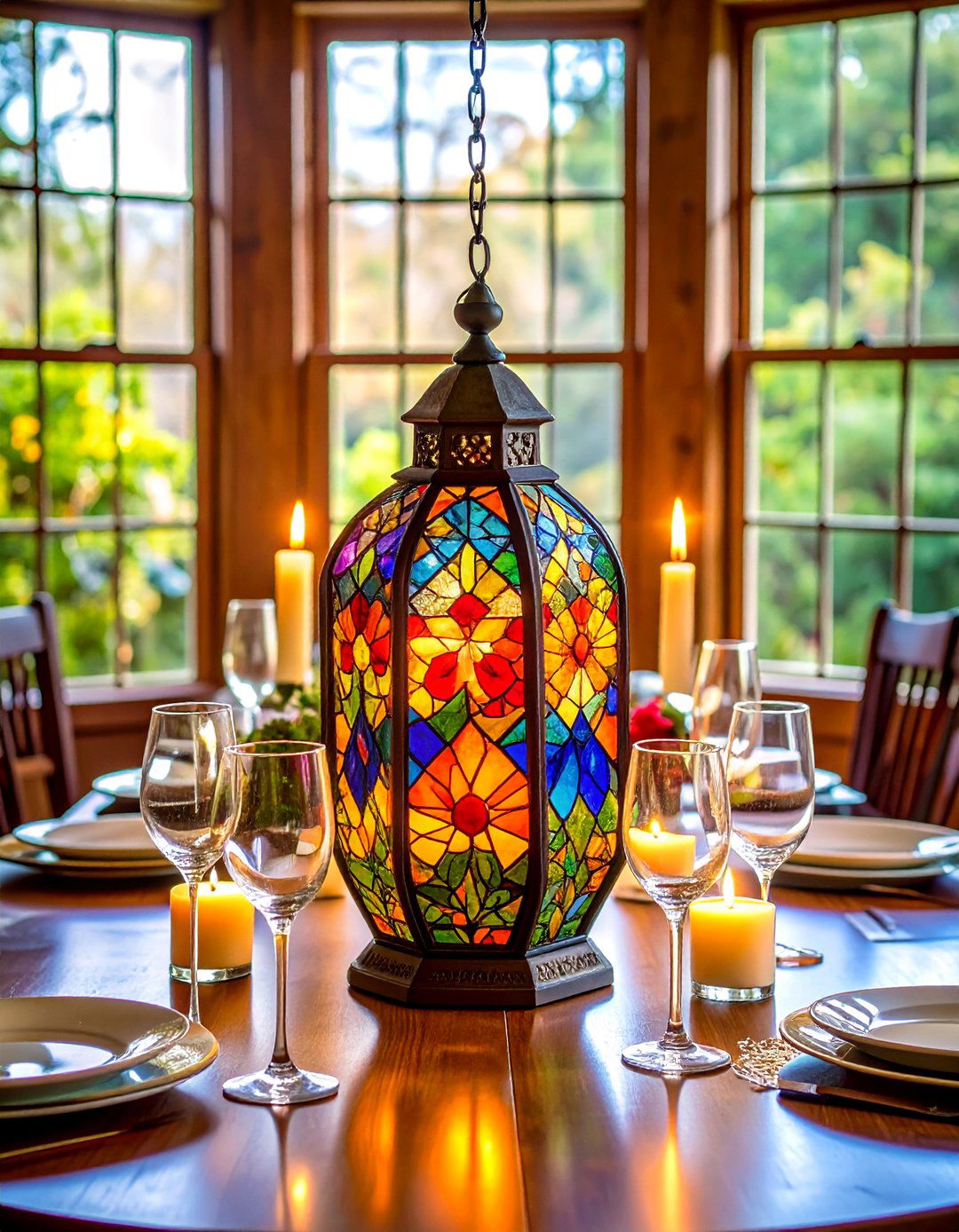 Stained Glass Lantern Centerpiece with Romantic Candlelight - 20 Lantern Centerpiece Ideas
