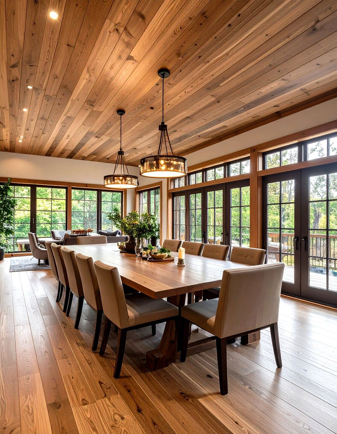 Stained Wood Plank Dining Room Ceiling Adds Cozy Depth - 20 Dining Room Ceiling Ideas