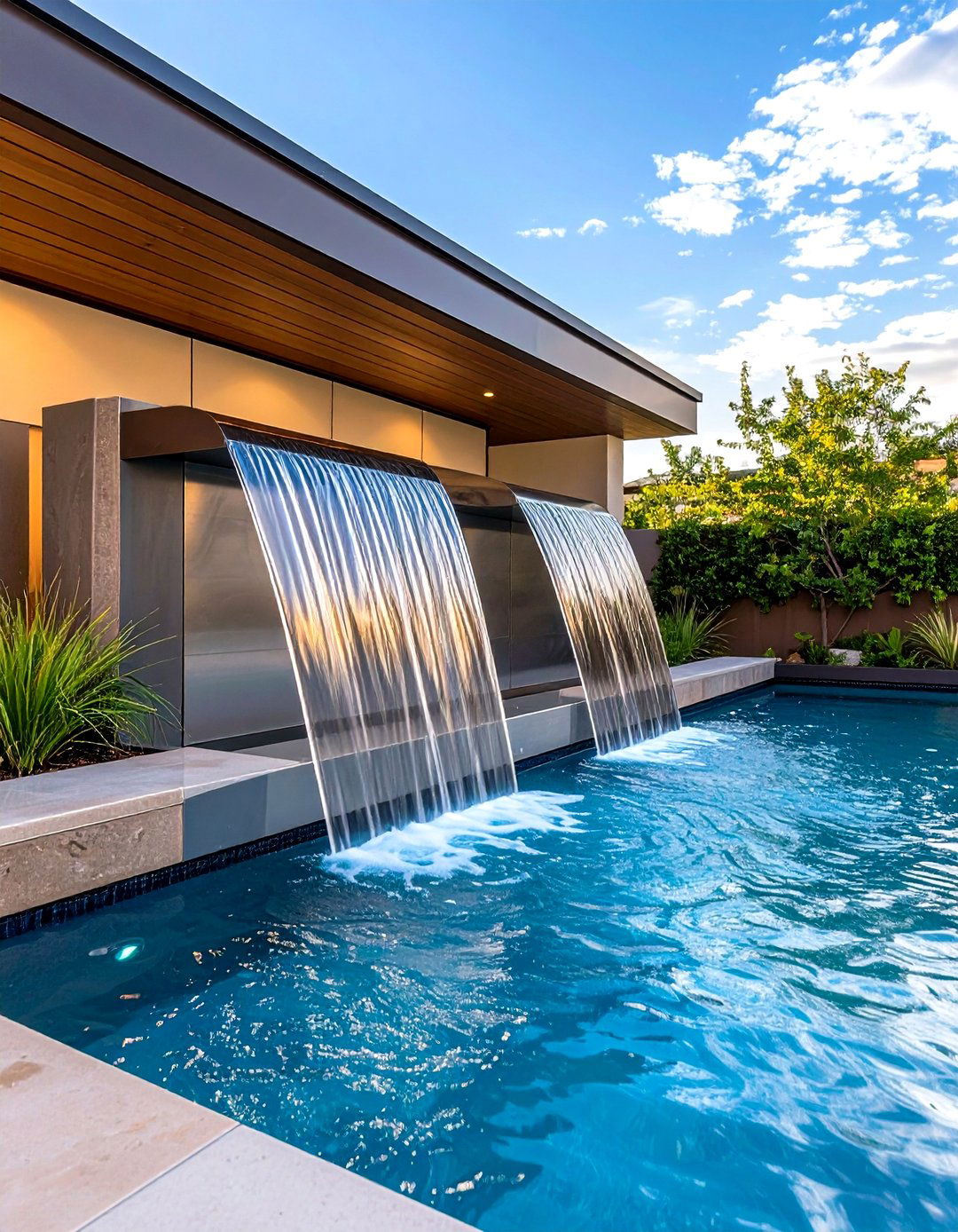 Stainless Steel Spillway Fountains Durable Pool Water Features - 20 Pool Fountain Ideas