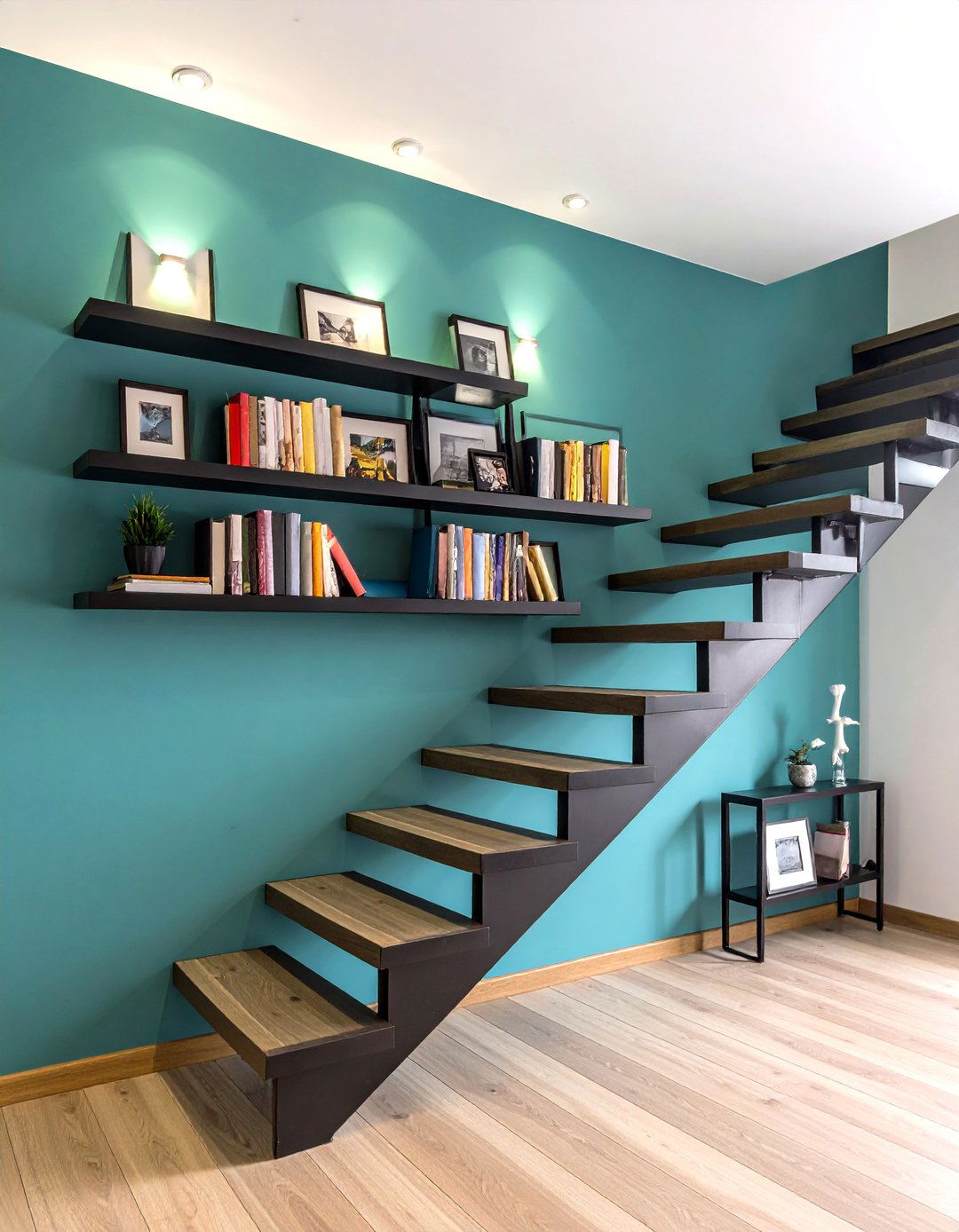 Staircase Wall Floating Shelves for a Storybook Ascend - 20 Floating Shelves Ideas