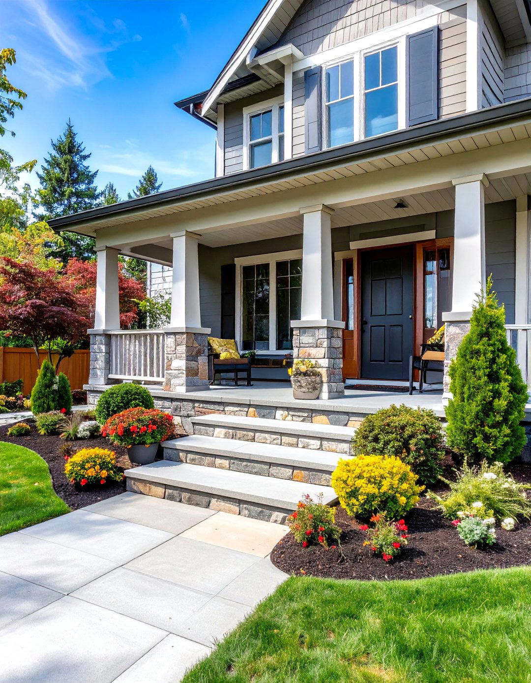 Stamped Ashlar Stone Concrete Porch Design - 20 Concrete Porch Ideas