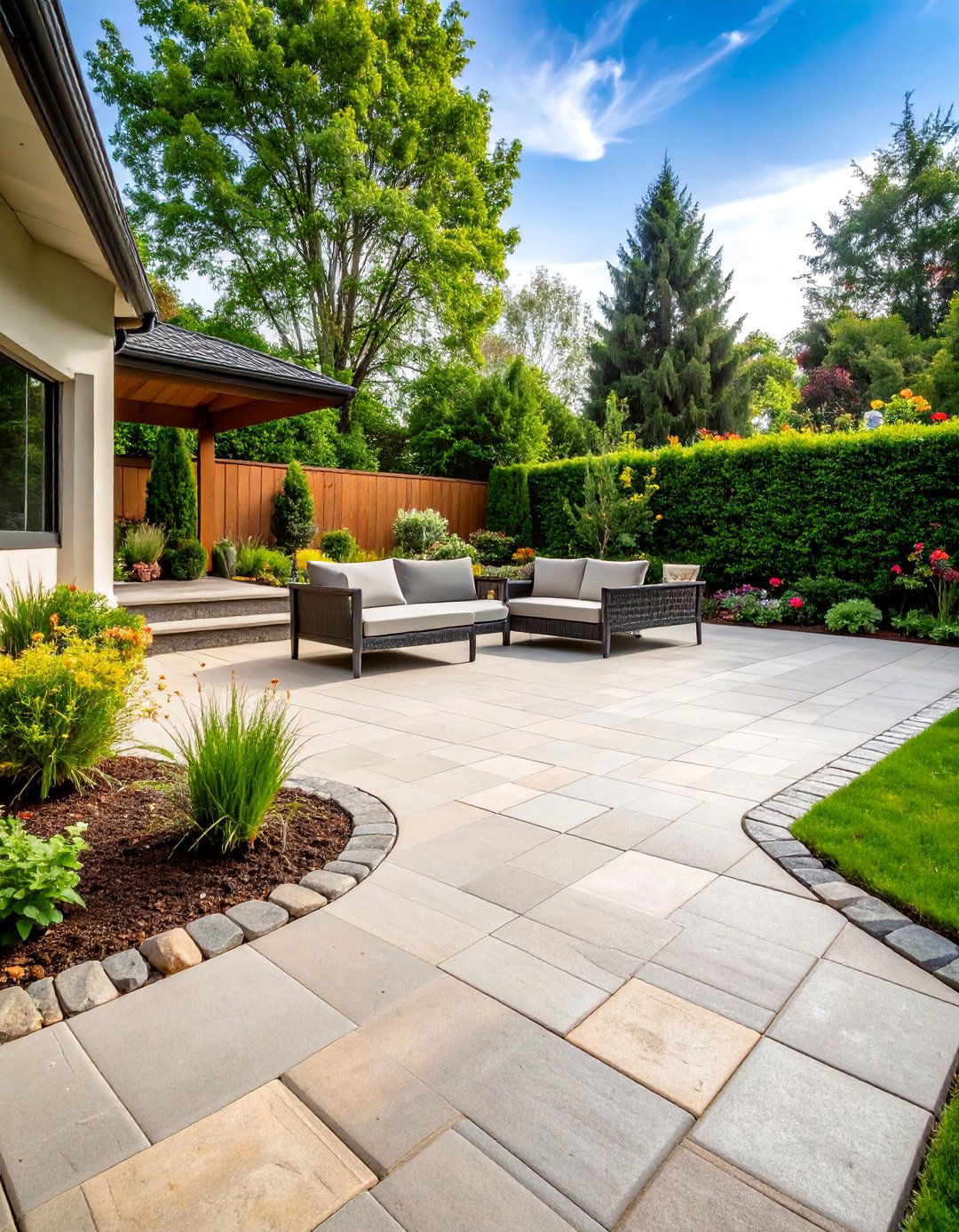 Stamped Concrete Patio with Basic Patterns - 20 Concrete Patio Ideas on a Budget