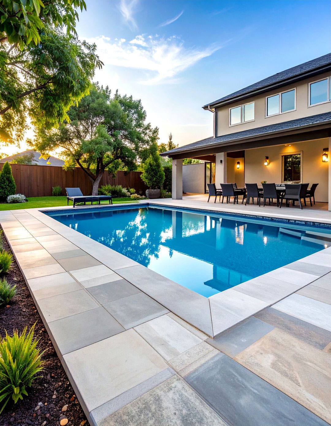Stamped Concrete Pool Deck with Artistic Patterns - 20 Pool Deck Ideas