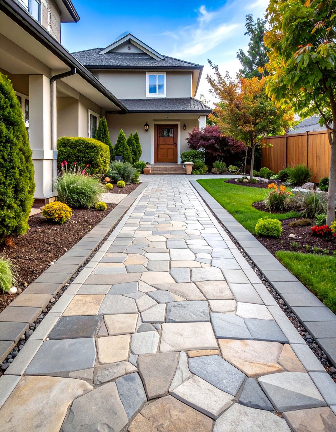 Stamped Concrete Walkway with Cobblestone Pattern - 20 Concrete Walkway Ideas