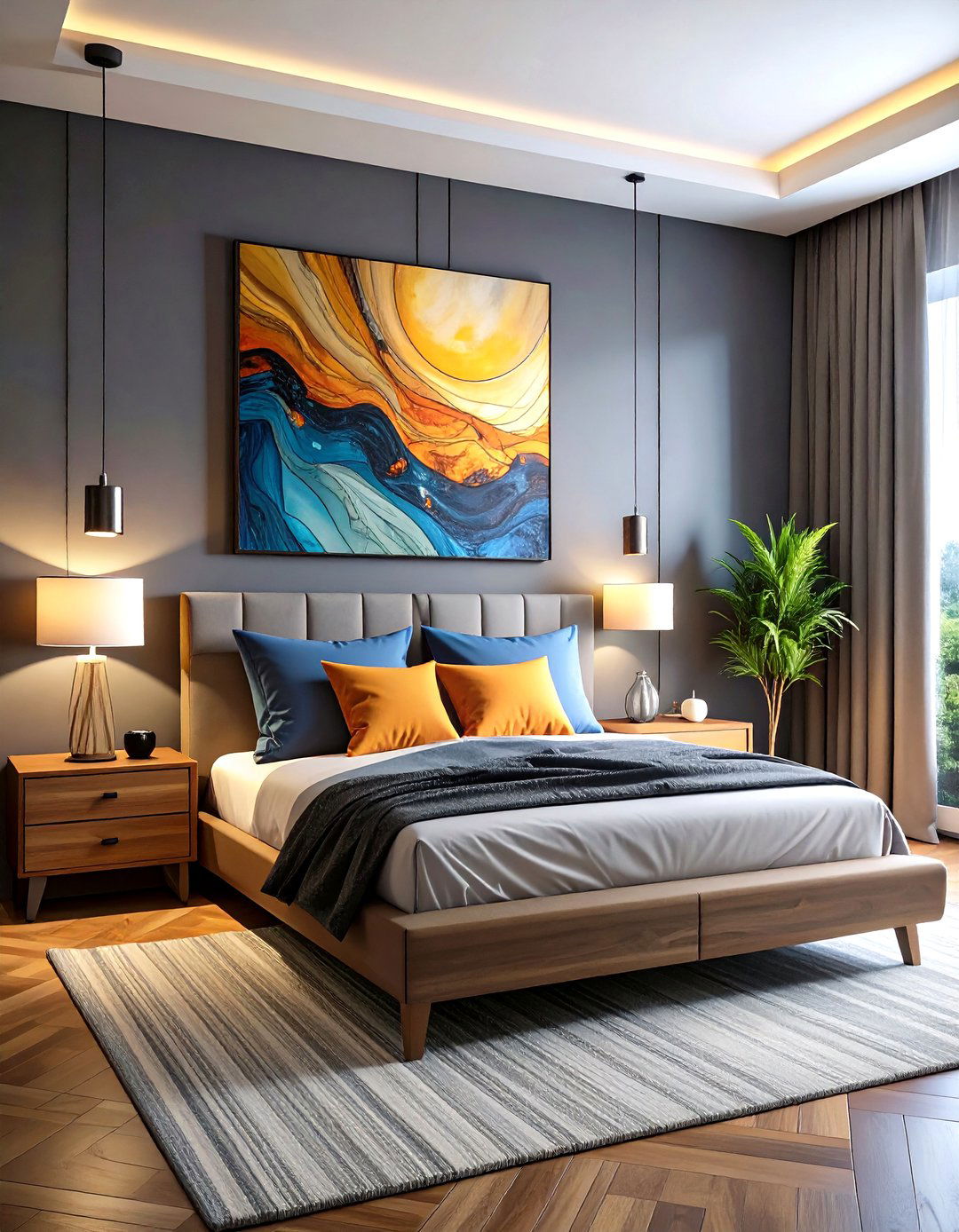 Statement Artwork Pops Against Grey Walls - 20 Dark Grey Bedroom Ideas
