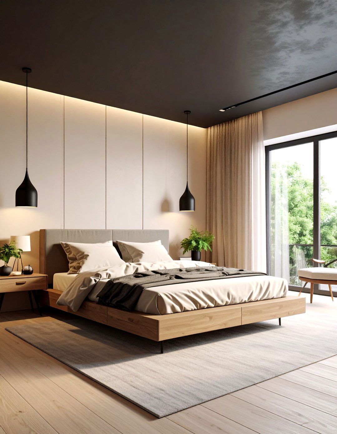 Statement Black Ceiling Light Walls - 20 Black and Beige Bedroom Design Ideas