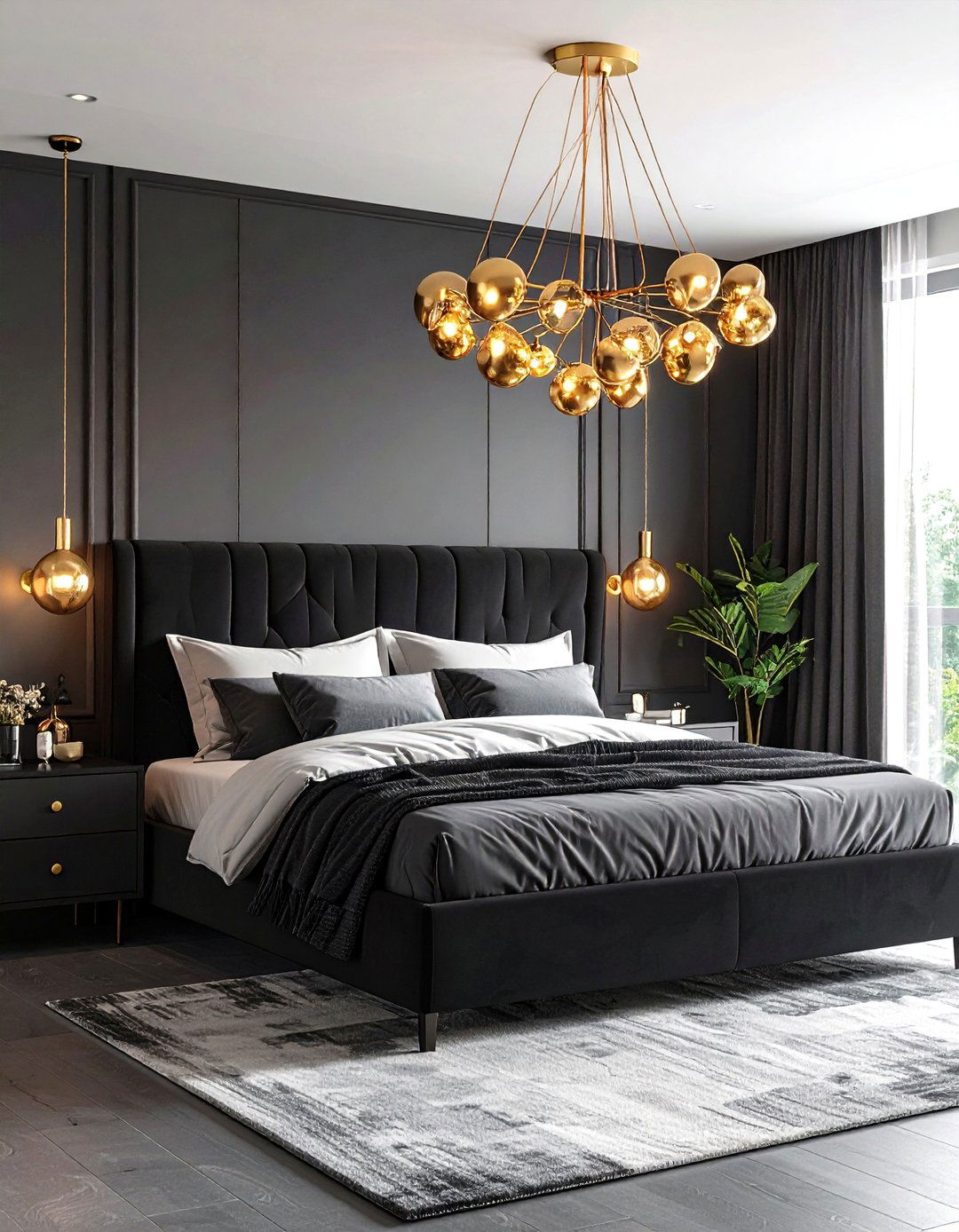 Statement Chandelier over a Moody Palette - 20 Black and Gold Bedroom Ideas