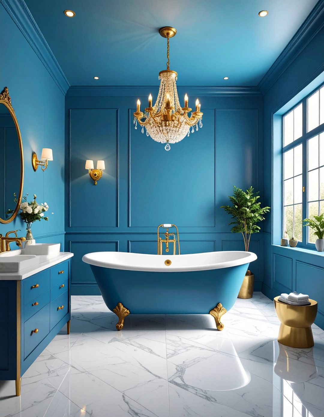Statement Gold Chandelier in a Blue Bathroom - 20 Blue and Gold Bathroom Ideas