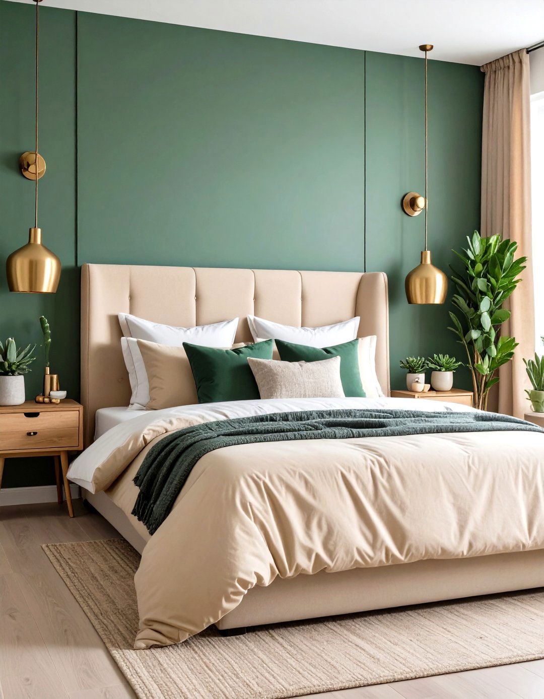 Statement Green Accent Wall in a Beige Bedroom - 20 Green and Beige Bedroom Ideas
