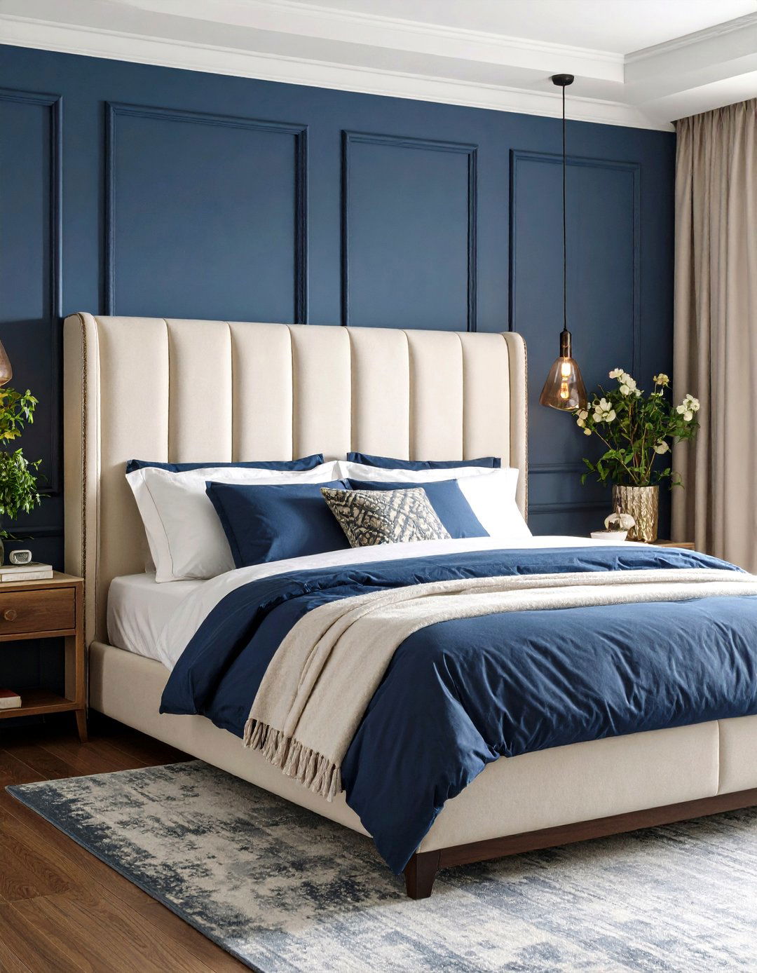 Statement Headboard in a Dark Blue Bedroom - 20 Dark Blue Bedroom Ideas