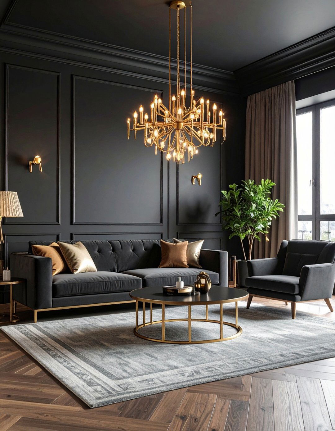 Statement Lighting Against Black Walls - 20 Black Room Ideas