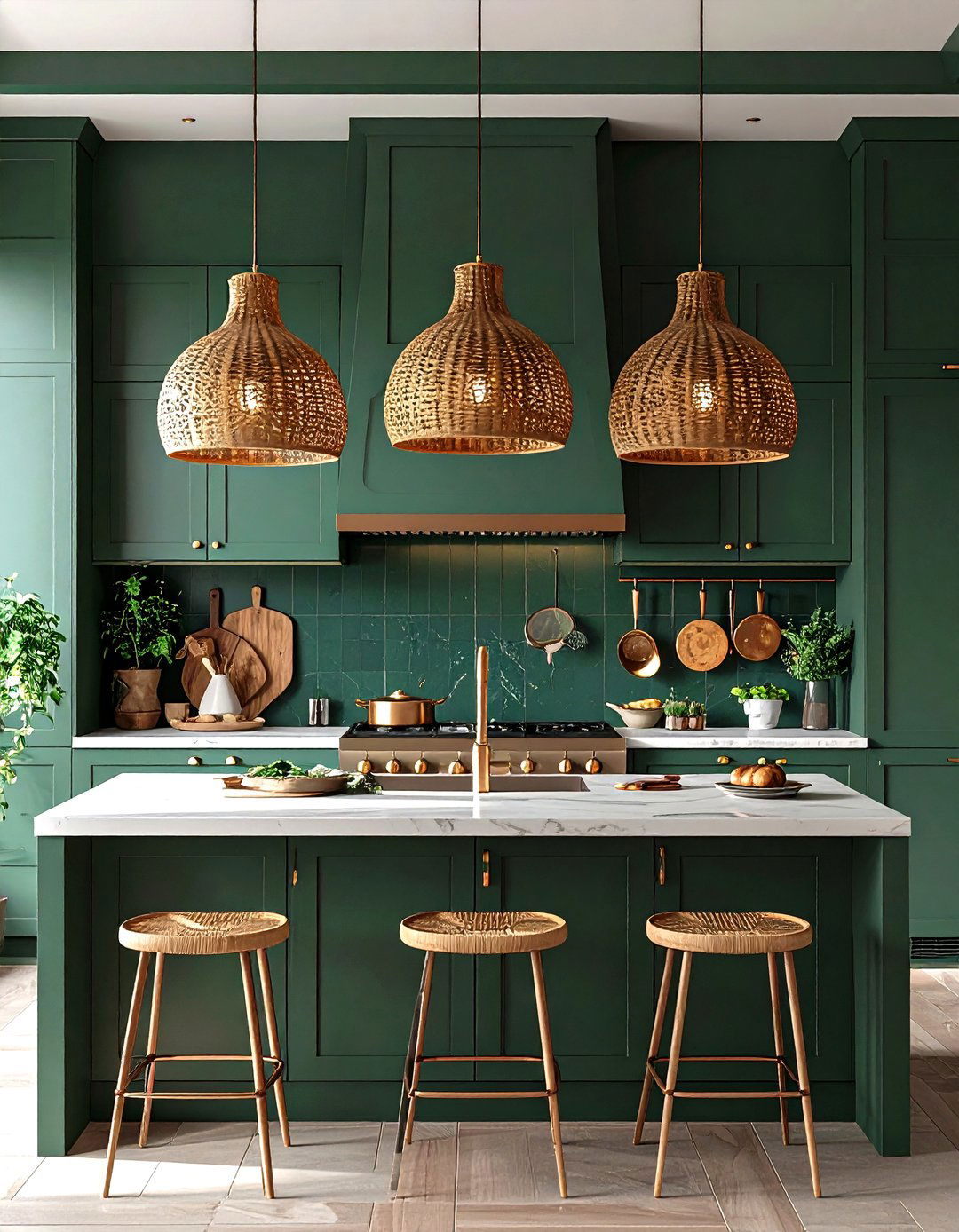 Statement Lighting Anchors a Dark Green Kitchen - 20 Dark Green Kitchen Ideas
